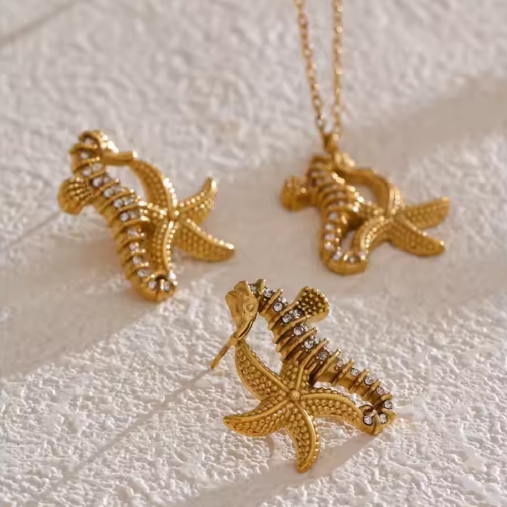 Seahorse Starfish 18KGold Stainless Steel Waterproof Jewelry Set